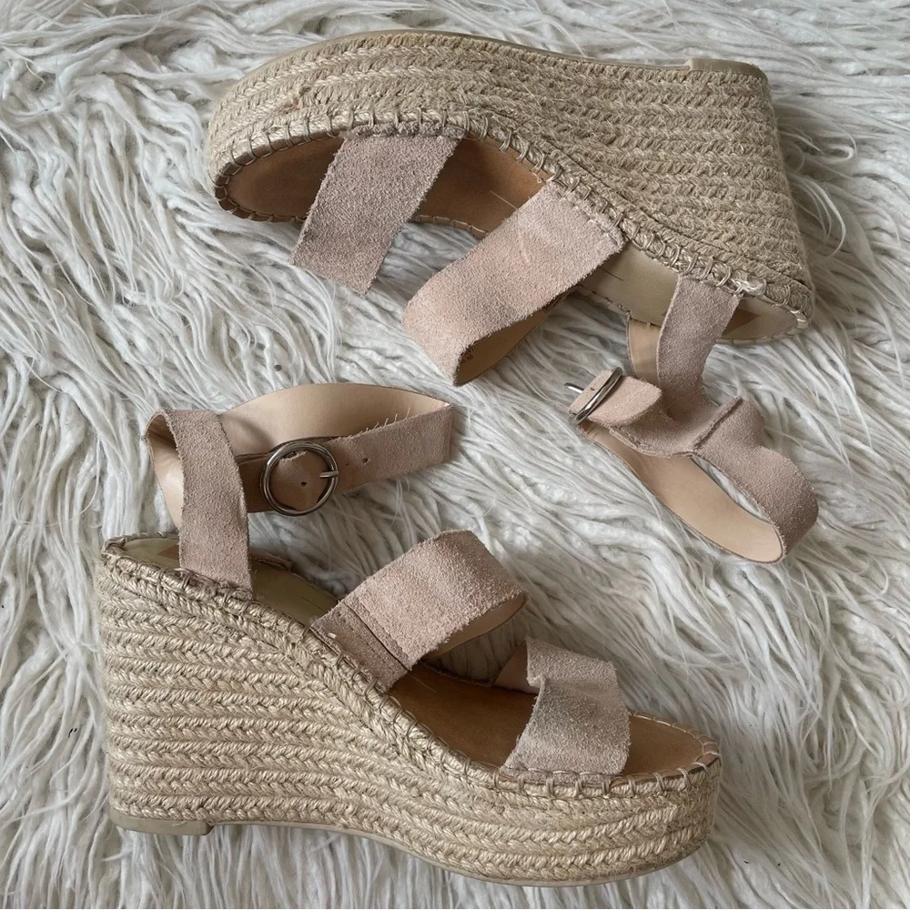 Dolce Vita Beige Shae Suede Espadrille Platform Wedge Heel Strappy Sandal EUC 9